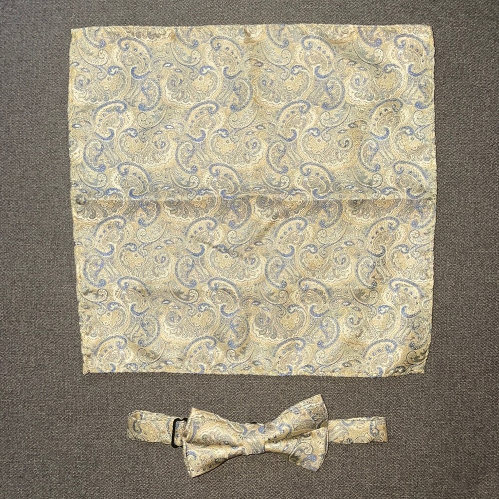 Gold and blue (EUC) paisley bowtie and pocket square for boys. One size.